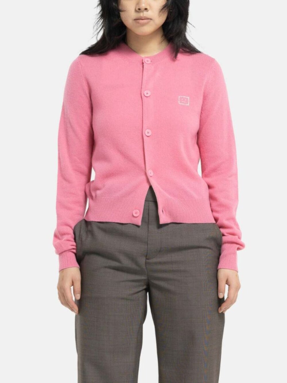 $389 Acne Studios Tango Pink Embellished Face Logo Cardigan Sweater size Large